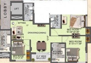 Floor plan of 3 BHK 1156 Sq. Ft. Apartment in KS Balaji, Kolkata