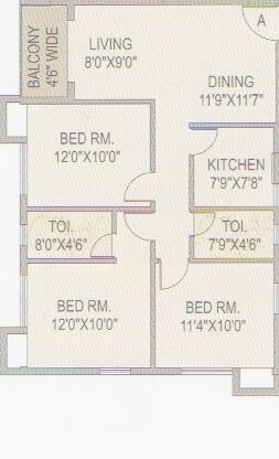 Floor plan of 3 BHK 1300 Sq. Ft. Apartment in LGW The Pyramid, Kolkata
