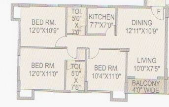Floor plan of 3 BHK 1324 Sq. Ft. Apartment in LGW The Pyramid, Kolkata