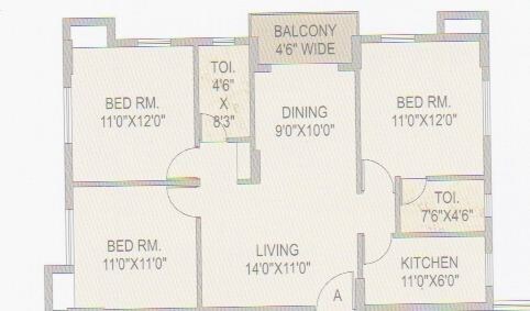 Floor plan of 3 BHK 1367 Sq. Ft. Apartment in LGW The Pyramid, Kolkata