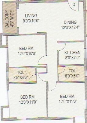Floor plan of 3 BHK 1409 Sq. Ft. Apartment in LGW The Pyramid, Kolkata