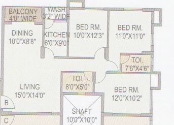 Floor plan of 3 BHK 1481 Sq. Ft. Apartment in LGW The Pyramid, Kolkata