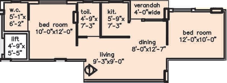 Floor plan of 2 BHK 970 Sq. Ft. Apartment in Loharuka Green Chinar, Kolkata