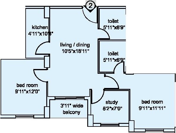 Floor plan of 2 BHK 705 Sq. Ft. Apartment in Loharuka Green Heights II, Kolkata