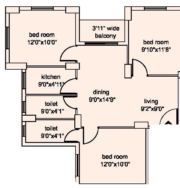 Floor plan of 3 BHK 746 Sq. Ft. Apartment in Loharuka Green Heights II, Kolkata