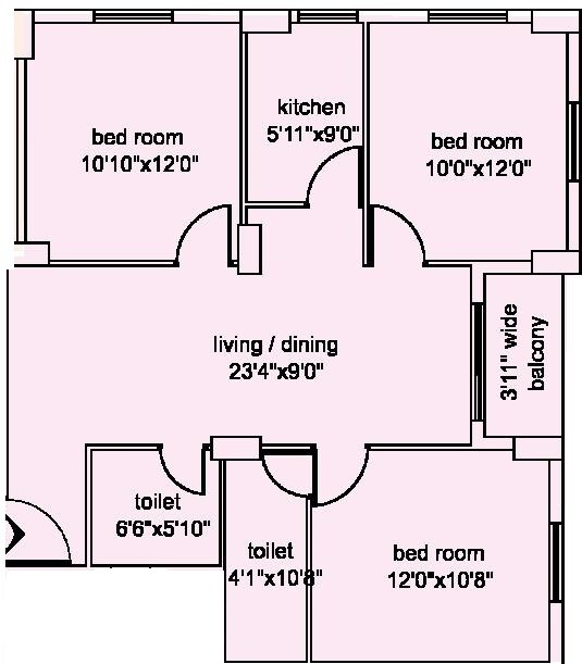 Floor plan of 3 BHK 853 Sq. Ft. Apartment in Loharuka Green Heights II, Kolkata