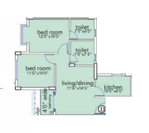 Floor plan of 2 BHK 670 Sq. Ft. Apartment in Loharuka Urban Greens, Kolkata