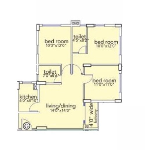 Floor plan of 3 BHK 879 Sq. Ft. Apartment in Loharuka Urban Greens, Kolkata