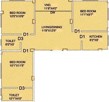 Floor plan of 3 BHK 1052 Sq. Ft. Apartment in Lord Enclave, Kolkata