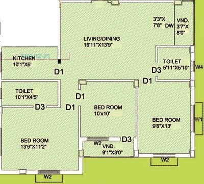 Floor plan of 3 BHK 1285 Sq. Ft. Apartment in Lord Enclave, Kolkata
