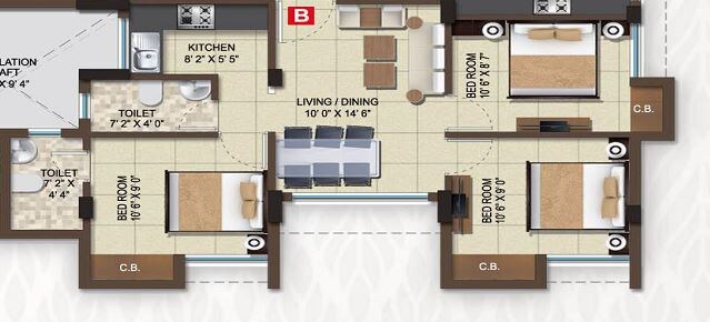 Floor plan of 3 BHK 837 Sq. Ft. Apartment in Magnolia Destiny, Kolkata
