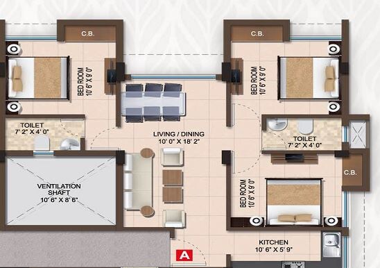 Floor plan of 3 BHK 967 Sq. Ft. Apartment in Magnolia Destiny, Kolkata