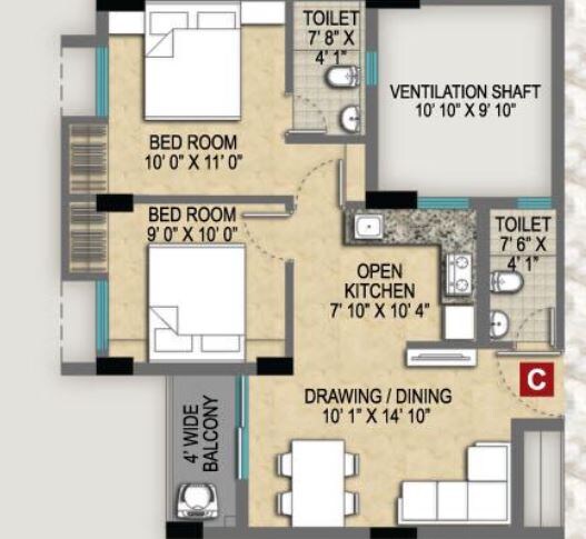 Floor plan of 2 BHK 848 Sq. Ft. Apartment in Magnolia Empire, Kolkata
