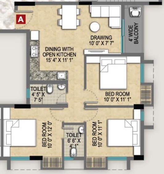 Floor plan of 3 BHK 1141 Sq. Ft. Apartment in Magnolia Empire, Kolkata