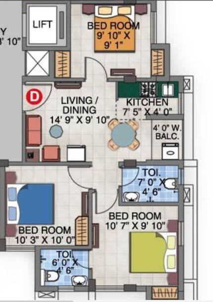 Floor plan of 3 BHK 810 Sq. Ft. Apartment in Magnolia Enjoy, Kolkata