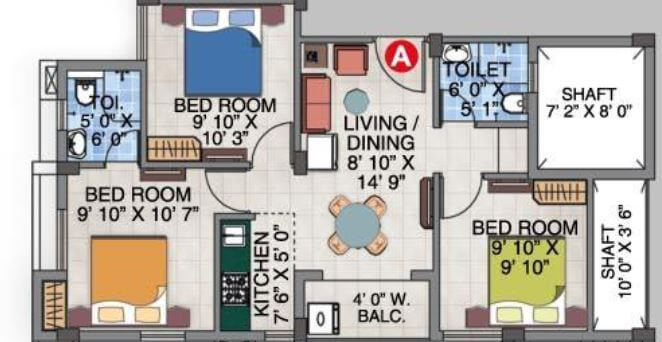 Floor plan of 3 BHK 855 Sq. Ft. Apartment in Magnolia Enjoy, Kolkata