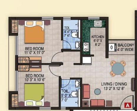 Floor plan of 2 BHK 822 Sq. Ft. Apartment in Magnolia Fantasia, Kolkata