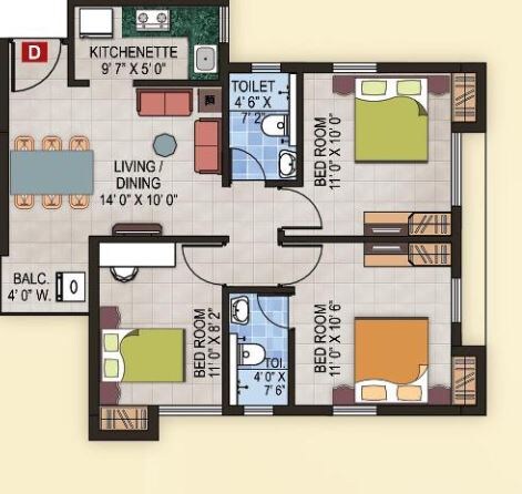 Floor plan of 3 BHK 913 Sq. Ft. Apartment in Magnolia Fantasia, Kolkata