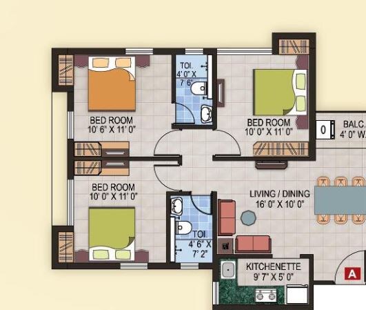 Floor plan of 3 BHK 970 Sq. Ft. Apartment in Magnolia Fantasia, Kolkata