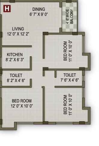 Floor plan of 3 BHK 1148 Sq. Ft. Apartment in Magnolia Magnet, Kolkata