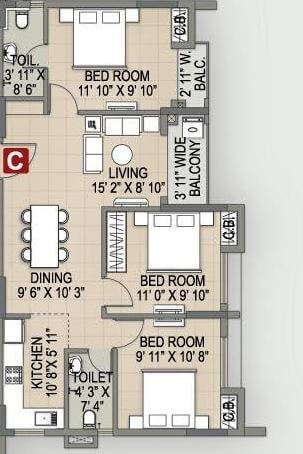 3 BHK 1160 Sq. Ft. Apartment