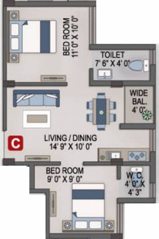 Floor plan of 2 BHK 590 Sq. Ft. Apartment in Magnolia Srijana, Kolkata