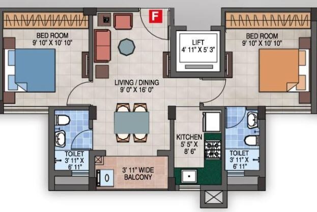 Floor plan of 2 BHK 743 Sq. Ft. Apartment in Magnolia Success, Kolkata