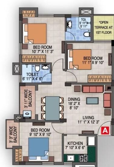 Floor plan of 3 BHK 1039 Sq. Ft. Apartment in Magnolia Success, Kolkata