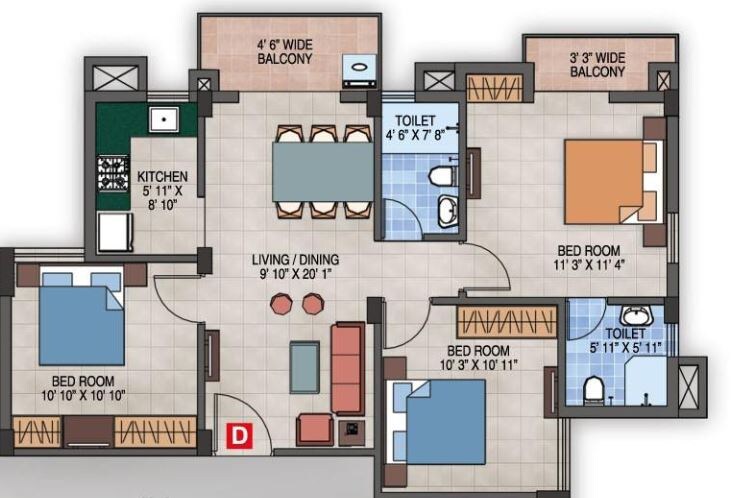 Floor plan of 3 BHK 1108 Sq. Ft. Apartment in Magnolia Success, Kolkata