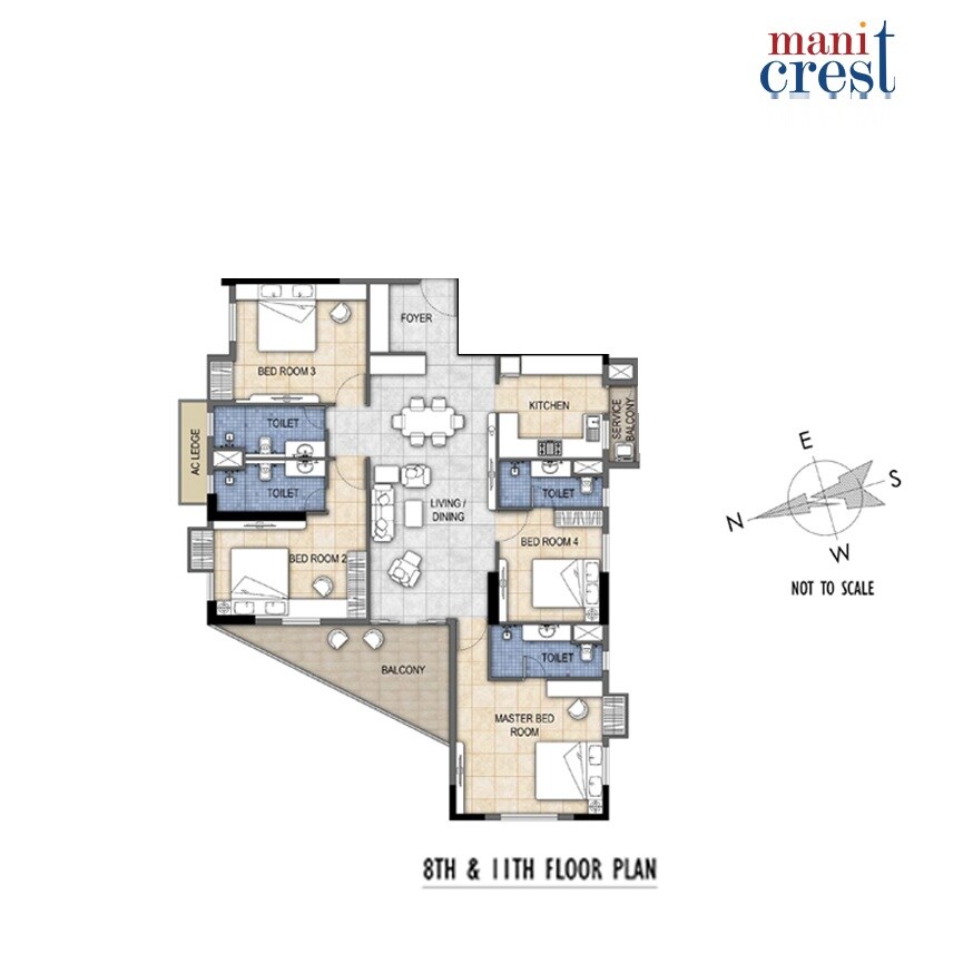 Floor plan of 4 BHK Apartment - 1391 sq. ft. in Mani Crest, Kolkata