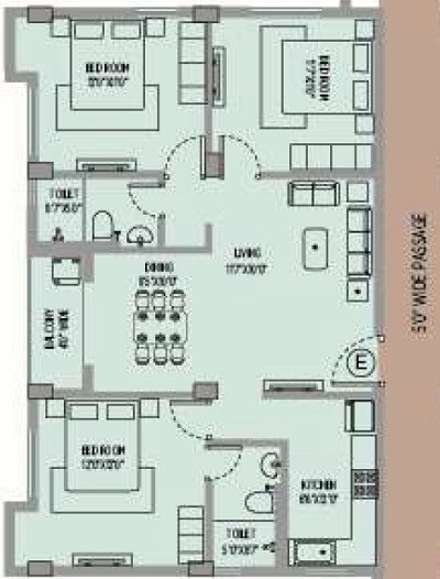 Floor plan of 3 BHK 1383 Sq. Ft. Apartment in Manor Priva, Kolkata