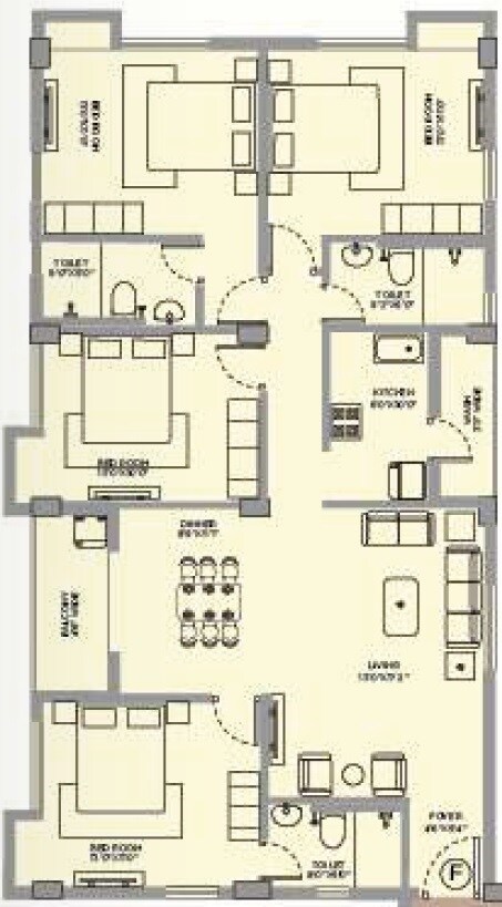 Floor plan of 4 BHK 1912 Sq. Ft. Apartment in Manor Priva, Kolkata