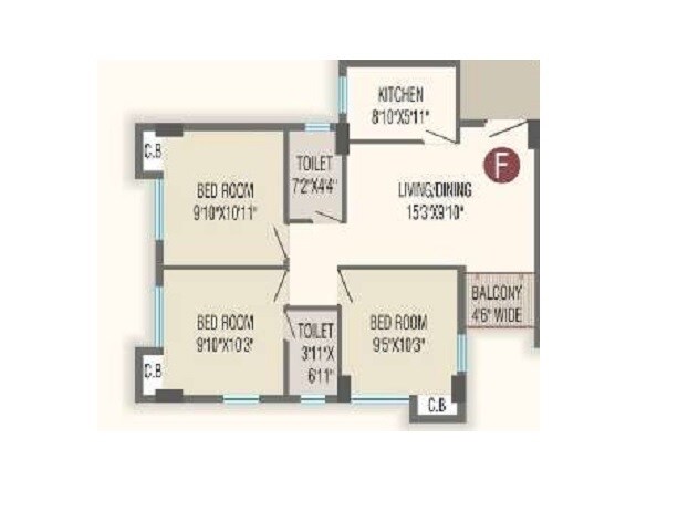 Floor plan of 3 BHK 1011 Sq. Ft. Apartment in Manor Wood Winds, Kolkata