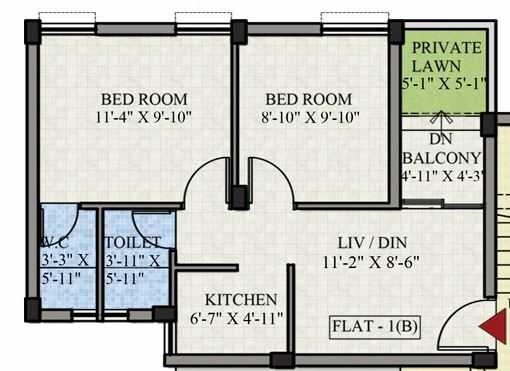 Floor plan of 2 BHK 577 Sq. Ft. Apartment in Martin Jeevanam, Kolkata