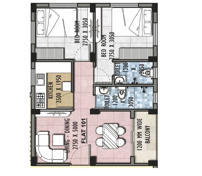 2 BHK 820 Sq. Ft. Apartment
