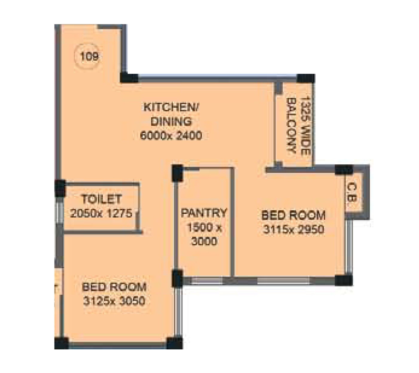 Floor plan of 2 BHK 840 Sq. Ft. Apartment in Mayfair Housing Elita, Kolkata