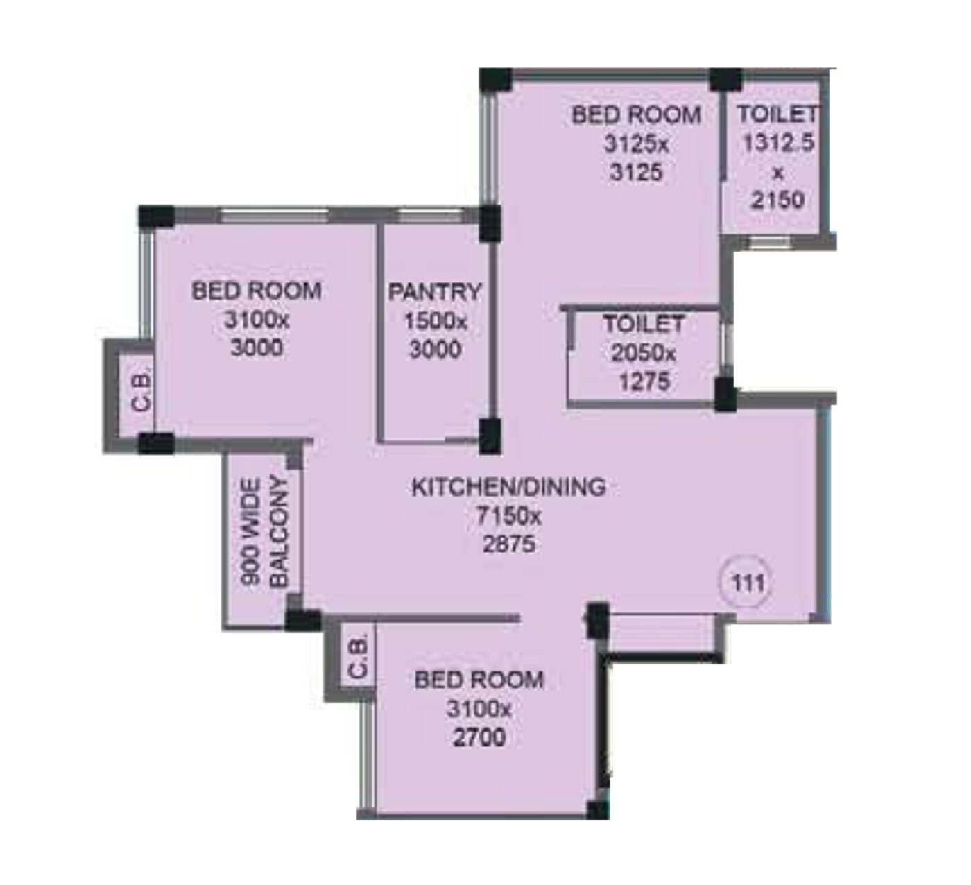 Floor plan of 3 BHK 1025 Sq. Ft. Apartment in Mayfair Housing Elita, Kolkata