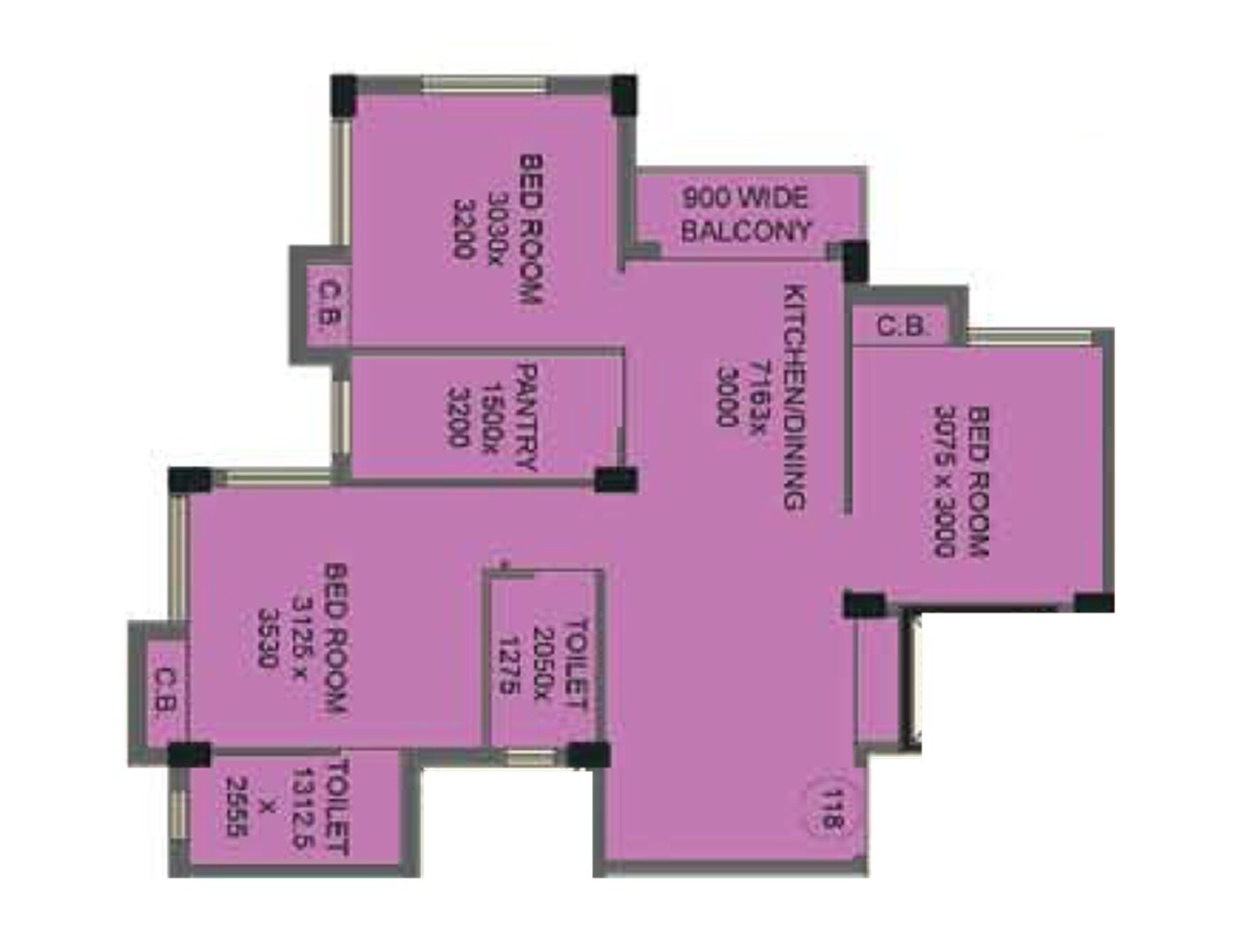 Floor plan of 3 BHK 1115 Sq. Ft. Apartment in Mayfair Housing Elita, Kolkata