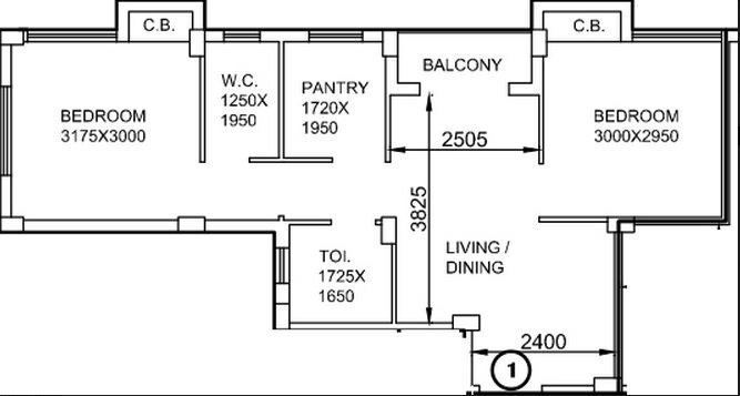 Floor plan of 2 BHK 810 Sq. Ft. Apartment in Mayfair Housing Elite, Kolkata