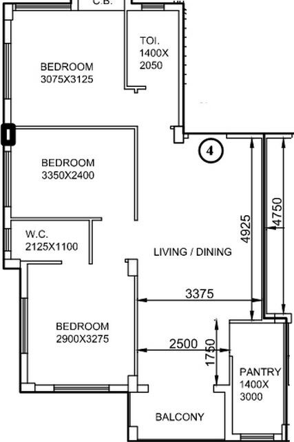 Floor plan of 3 BHK 1115 Sq. Ft. Apartment in Mayfair Housing Elite, Kolkata