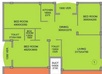 Floor plan of 3 BHK 1390 Sq. Ft. Apartment in Mayfair Housing Greens, Kolkata