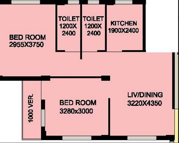 Floor plan of 2 BHK 1060 Sq. Ft. Apartment in Mayfair Housing Venus II, Kolkata