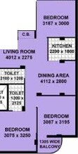 Floor plan of 2 BHK 870 Sq. Ft. Apartment in Mayfair Housing Palms, Kolkata