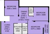 Floor plan of 3 BHK 910 Sq. Ft. Apartment in Mayfair Housing Palms, Kolkata