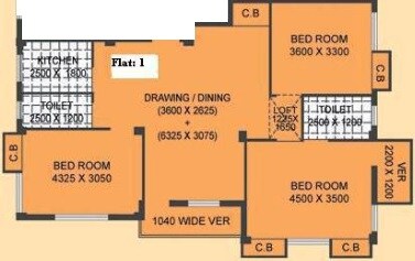 Floor plan of 3 BHK 1550 Sq. Ft. Apartment in Mayfair Housing Tulip, Kolkata