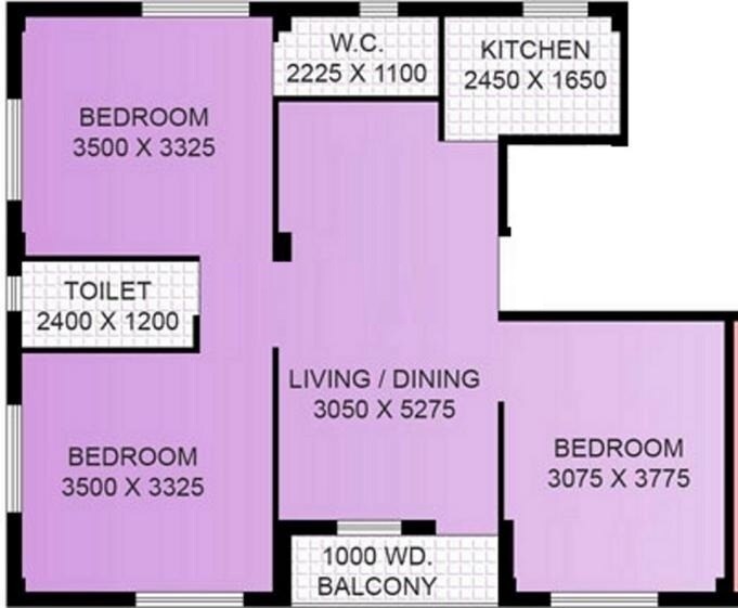 Floor plan of 3 BHK 1150 Sq. Ft. Apartment in Mayfair Housing Venegia, Kolkata