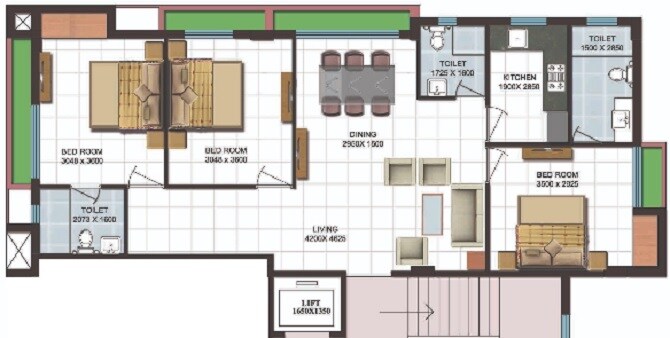 Floor plan of 3 BHK 1415 Sq. Ft. Apartment in Sashwaat Oxford Devaa, Kolkata