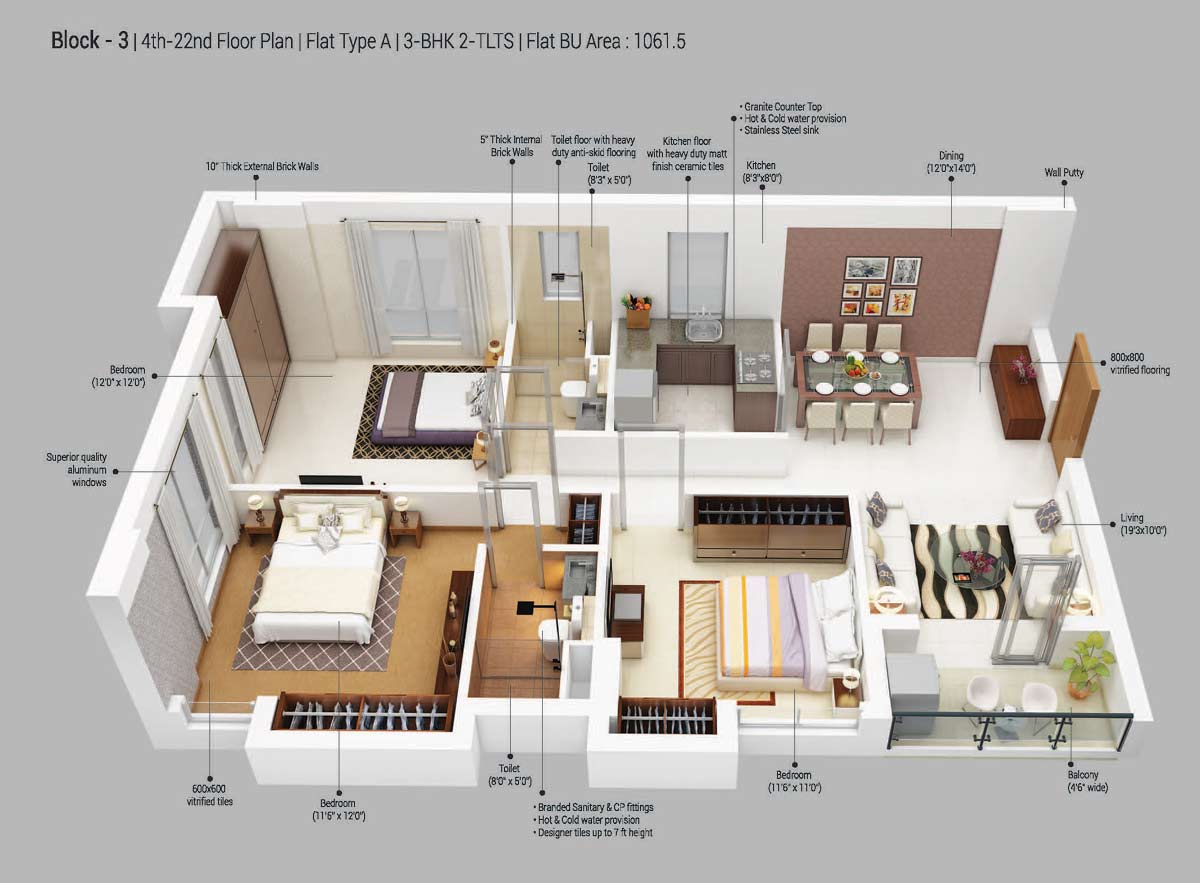 Floor plan of 3 BHK 1062 Sq. Ft. Apartment in Merlin 5th Avenue, Kolkata