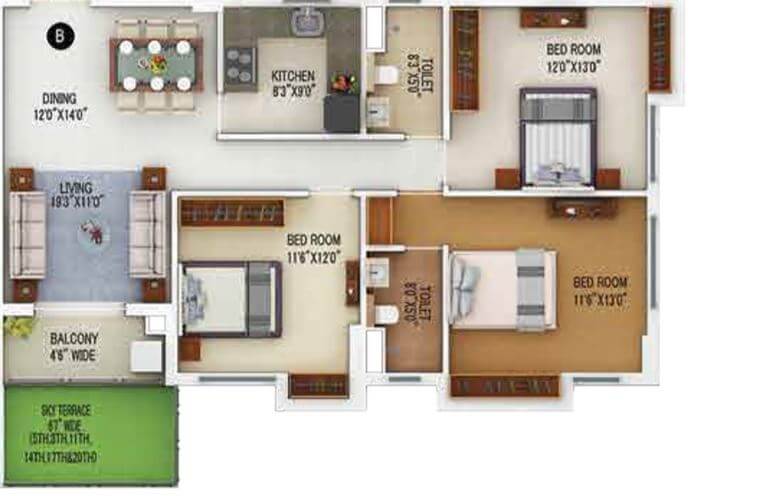 Floor plan of 3 BHK 1164 Sq. Ft. Apartment in Merlin 5th Avenue, Kolkata