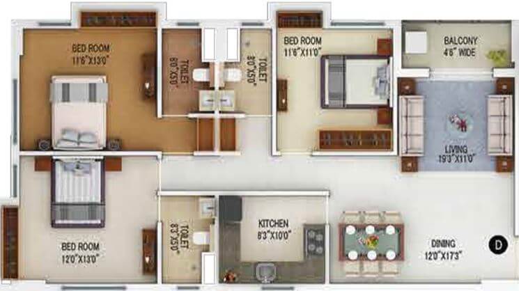 Floor plan of 3 BHK 1247 Sq. Ft. Apartment in Merlin 5th Avenue, Kolkata